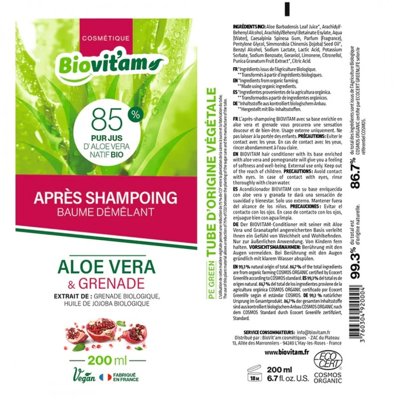 APRÈS-SHAMPOING 200ML - Aloe Vera & Grenade - BIOVITAM 2 APRÈS-SHAMPOING 200ML - Aloe Vera & Grenade - BIOVITAM – Image 2